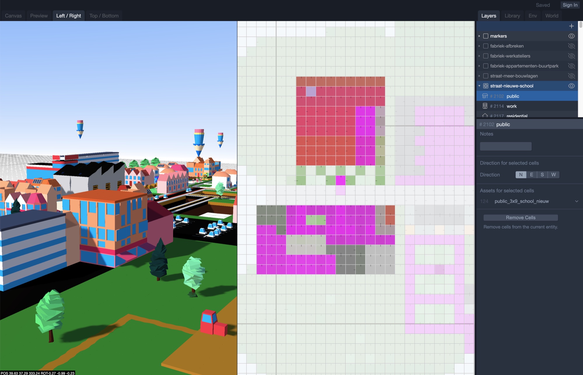 The Build It editor, with the 3D city on the left and the grid of the selected layer on the right