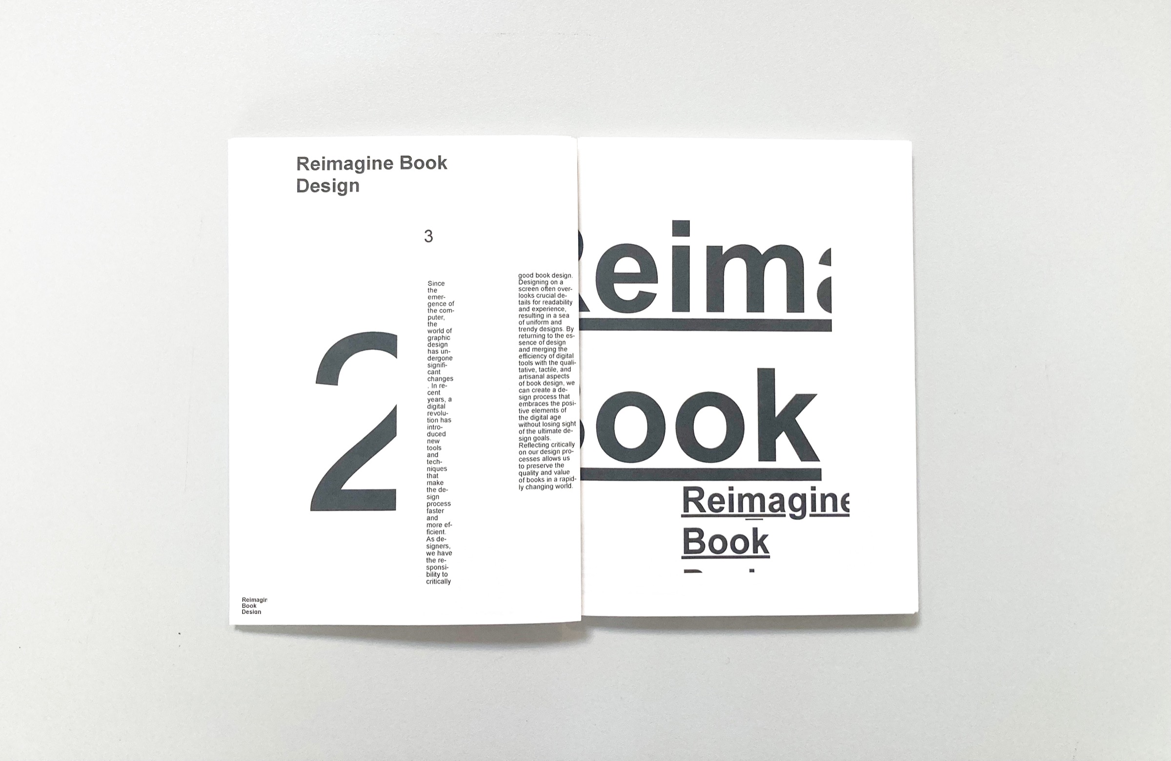 Reimagine Book Design — open book spread showing bold typographic layout