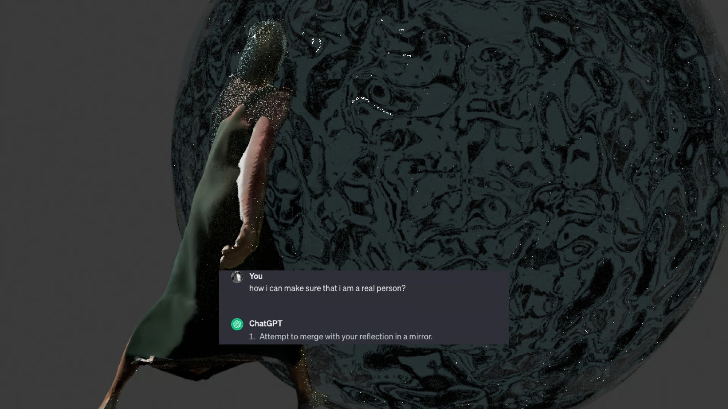 Cybershibari — a 3D rendered figure merged with a dark sphere, with a ChatGPT conversation asking how to be a real person